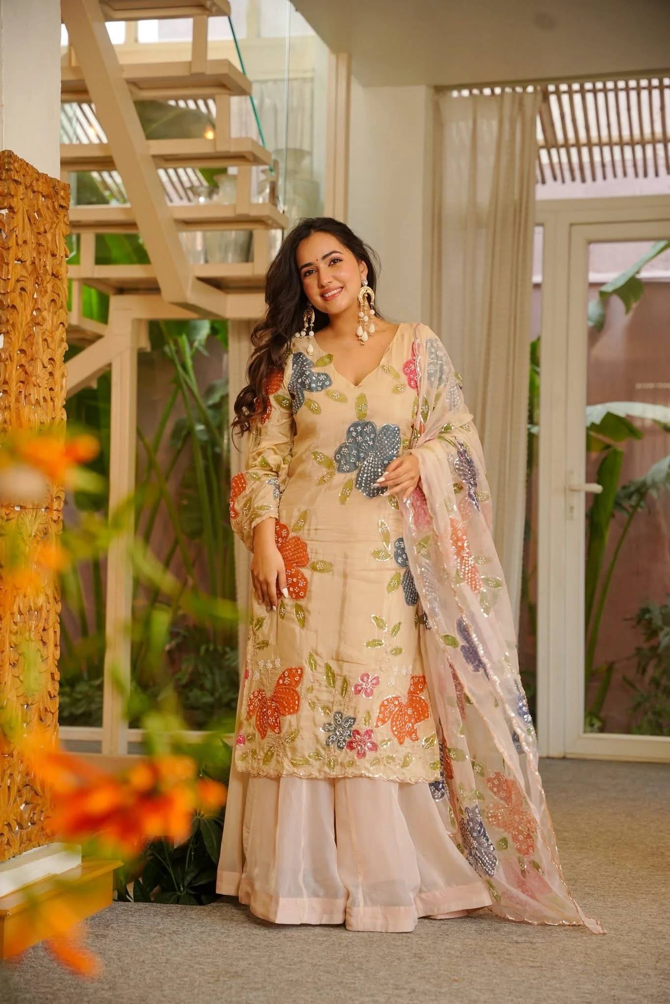 Urban Cream Pastel-Embroidered Sharara Set
